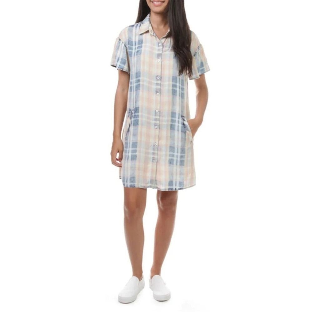 Billy T‎ Womens Plaid Button Front Tencel Lyocell Shirt Dress Blue Small New